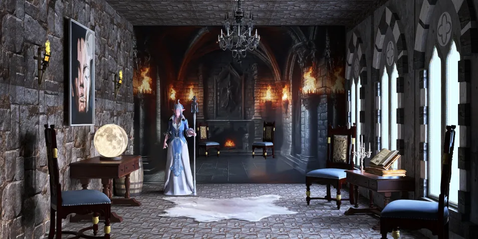 a mystical room featuring a character in a gown performing interior design actions in a medieval style, showcasing interior decor ideas using Homestyler's real-time 3D rendering feature