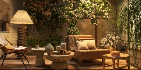 cozy outdoor patio seating arrangement with natural elements incorporating garden plants in a modern style, featuring Homestyler's real-time 3D rendering for design preview