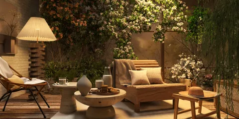 Cozy seating area with natural elements featuring a wooden lounge chair, coffee table, and decorative plants, embodying modern outdoor living style, showcasing Homestyler's real-time 3D rendering feature.