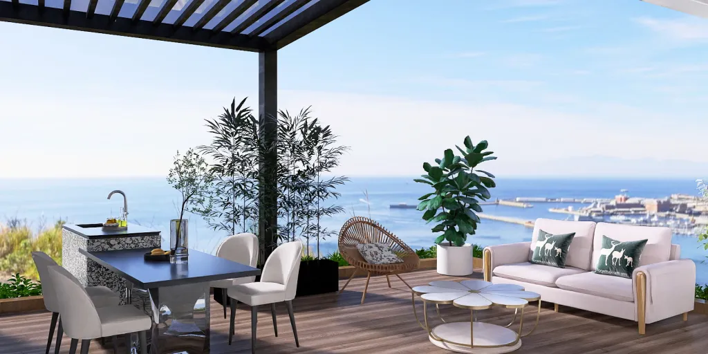 a patio area with chairs, tables, and a balcony 