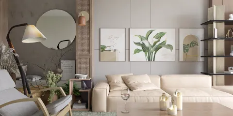 Modern living room featuring a light beige sofa and stylish decor, showcasing interior design with minimalist style and soft color palette; utilizing Homestyler's real-time 3D rendering for accurate visualization.