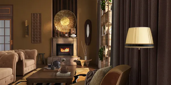 A cozy living room featuring a modern fireplace design, showcasing a rich brown color palette, enhancing the warm ambiance. The space is optimized using Homestyler's real-time 3D rendering.