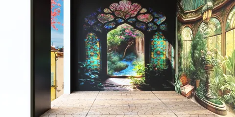 beautiful mural featuring a stained glass window with lush greenery and a serene path, enhancing the artistic charm of the space, ideal for an interior design project incorporating immersive 3D rendering features in Homestyler.