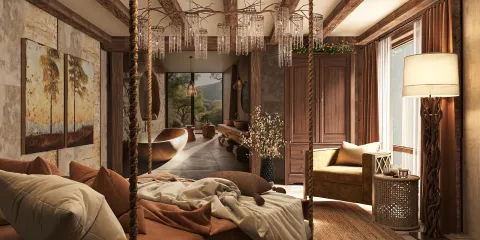 luxurious bed in a warm-toned living room with rustic decor, showcasing a cozy interior design perfect for modern homes using Homestyler's real-time 3D rendering feature.