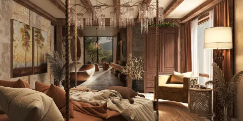 cozy bedroom with a four-poster bed surrounded by natural elements and warm lighting, showcasing rustic style, ideal for interior decor inspiration with Homestyler's real-time 3D rendering feature.