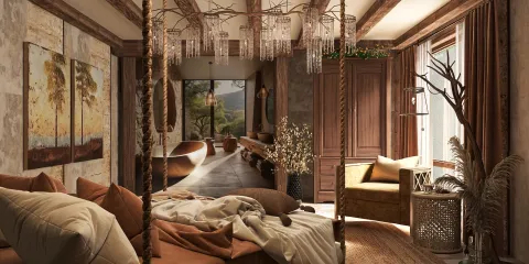 cozy bedroom with wooden beams featuring an inviting design layout in rustic style maximizing natural light and warm earthy tones, utilizing Homestyler's real-time 3D rendering feature