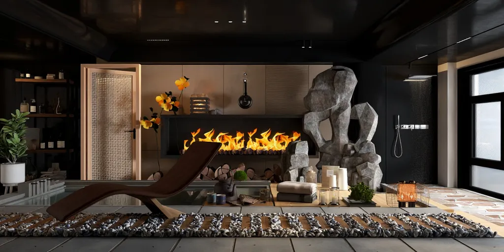 a fireplace with a large stuffed animal on it 