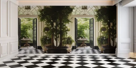 spacious interior design featuring large open windows with a garden view, showcasing a modern aesthetic and natural elements, ideal for maximizing light and space, utilizing Homestyler's real-time 3D rendering feature.