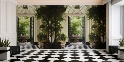 modern spacious interior design featuring large windows and greenery, creating an inviting atmosphere in a luxurious space; utilizing Homestyler's real-time 3D rendering to visualize the renovation impact.