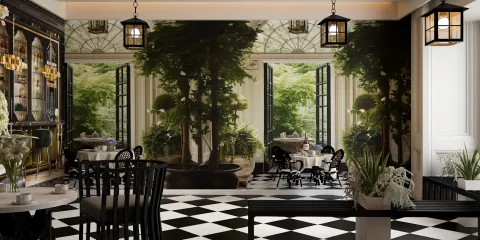 A stylish restaurant interior featuring a lush garden view, showcasing elegant dining setups and a black and white checkered floor, enhanced by a realistic 3D rendering of the space, optimized with Homestyler's design tools.