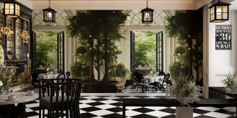dining area with indoor plants and large windows showcasing greenery while applying a classical style with black and white flooring, featuring Homestyler's real-time 3D rendering for design preview.
