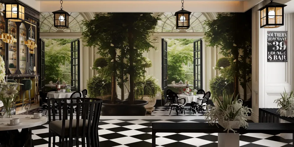 dining area with indoor plants and large windows showcasing greenery while applying a classical style with black and white flooring, featuring Homestyler's real-time 3D rendering for design preview.