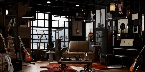 cozy living room with musical instruments and vintage decor featuring a sofa and piano in an eclectic style, perfect for music lovers; showcasing Homestyler's real-time 3D rendering capabilities.