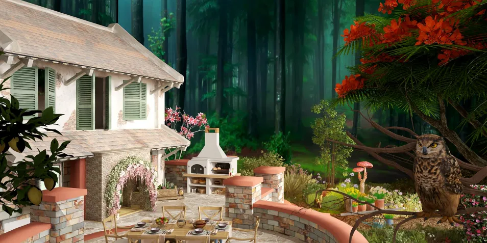 outdoor dining area with a rustic house surrounded by a lush forest setting, featuring a barbecue grill and garden table, elements of nature and charming decor, reflecting a cozy atmosphere for outdoor gatherings, utilizing Homestyler's 3D rendering for real-time visualization.