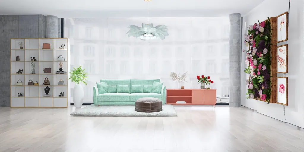 a living room with a couch, table, and a vase 