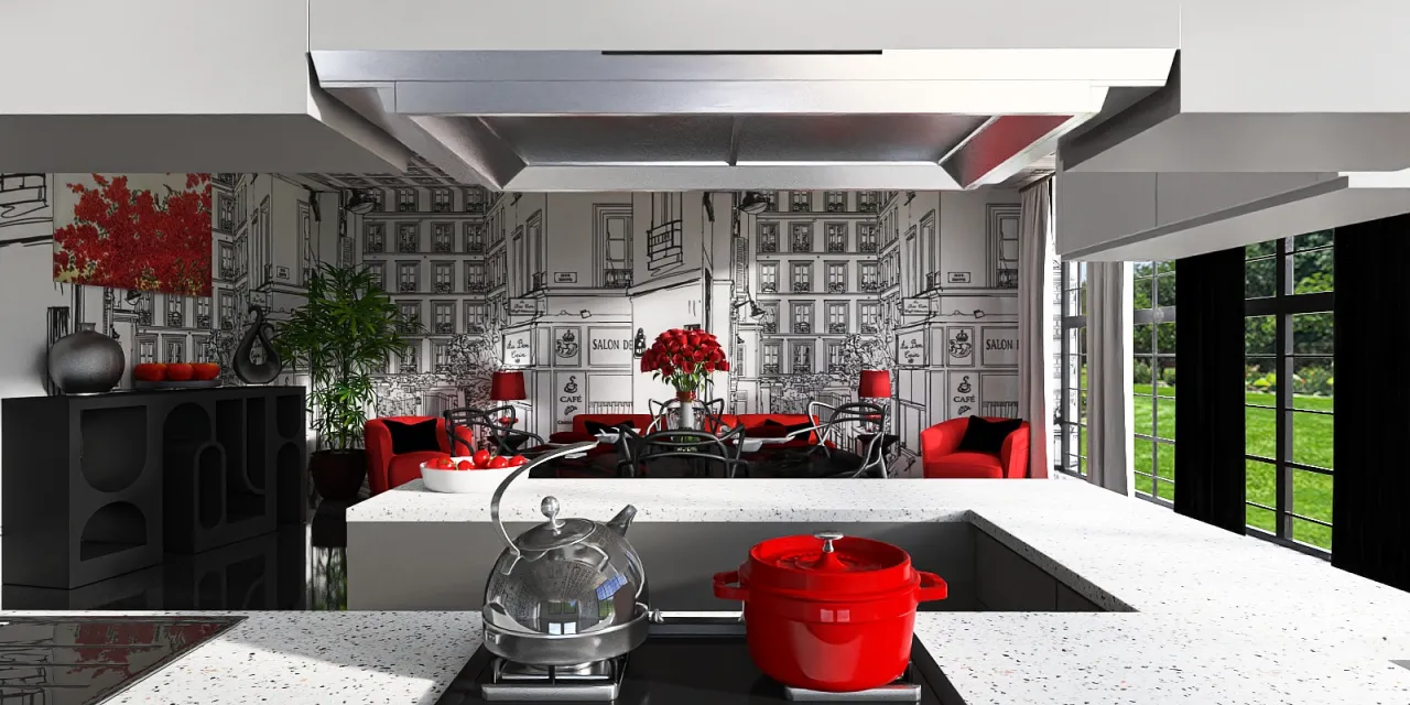 a kitchen with a red table and a red wall 