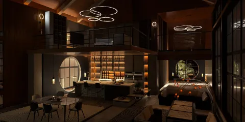 Modern kitchen with ambient lighting showcasing a spacious open plan design in a contemporary style, featuring Homestyler's real-time 3D rendering for instant design previews.