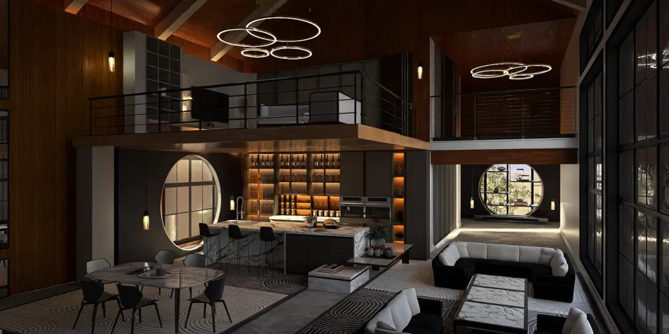 modern open-concept living space featuring a stylish kitchen and dining area with elegant lighting fixtures, designed in a contemporary style, showcasing the functionality of Homestyler's real-time 3D rendering to visualize interior designs.