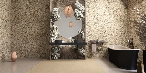 bathroom design featuring a modern bathtub and decorative wall elements with natural textures, showcasing a relaxing and stylish interior decor concept; utilizes Homestyler's real-time 3D rendering feature for effective design preview.