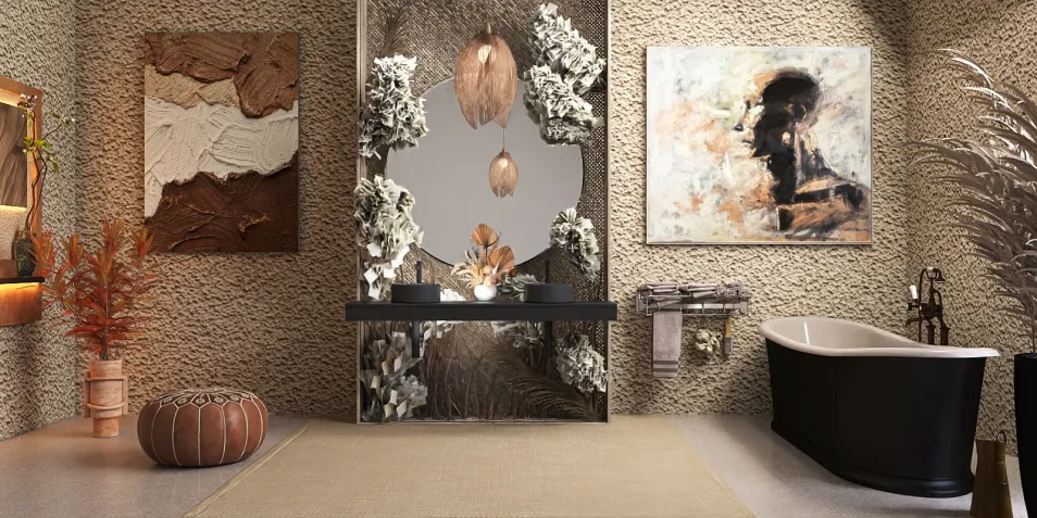 modern bathroom design featuring a contemporary bathtub and artistic wall decor, enhancing the aesthetics of the space with warm earthy tones; showcasing Homestyler's real-time 3D rendering functionality to visualize the design effectively.