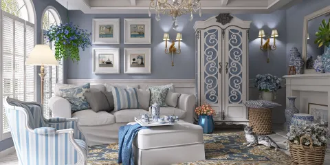 living room with blue and white decor featuring a comfortable sofa and decorative elements, designed using Homestyler's real-time 3D rendering for an elegant interior design.