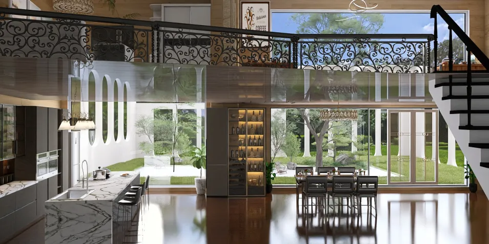 Open concept living area featuring a modern kitchen with marble countertops and a spacious dining area, incorporating Homestyler's real-time 3D rendering to visualize the design.