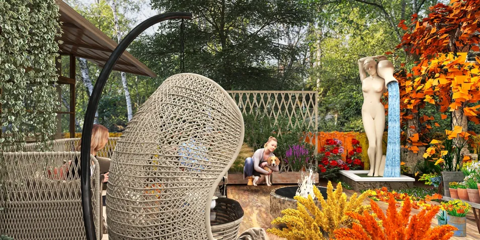 Outdoor garden setting featuring woven lounge chairs and vibrant flowers, creating a serene and inviting atmosphere for relaxation with Homestyler's real-time 3D rendering capability.