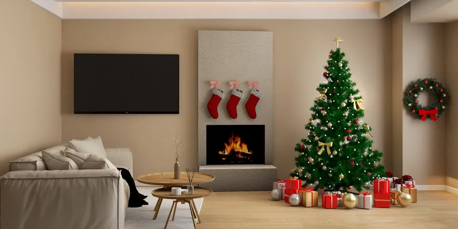 a christmas tree in front of a fireplace 