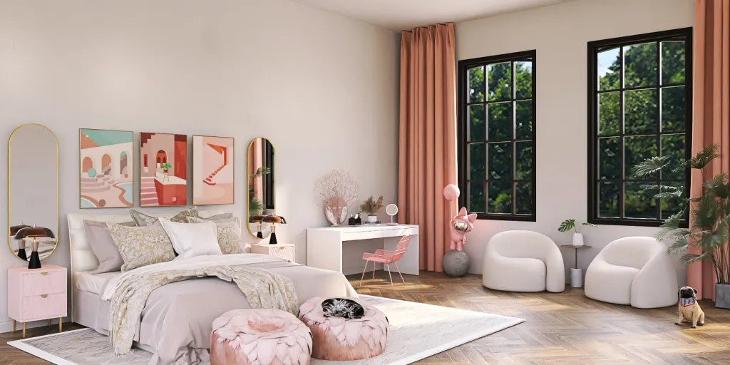 a living room with a large window and a large bed 