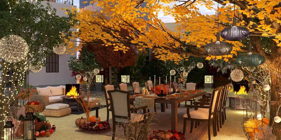 outdoor dining area with autumn decorations enhancing ambiance creating a cozy atmosphere for gatherings featuring homestyler's real-time 3D rendering
