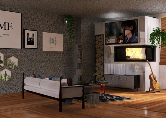 sala de estar maravilhosa com lareira,livros,sofá♡ Design Rendering