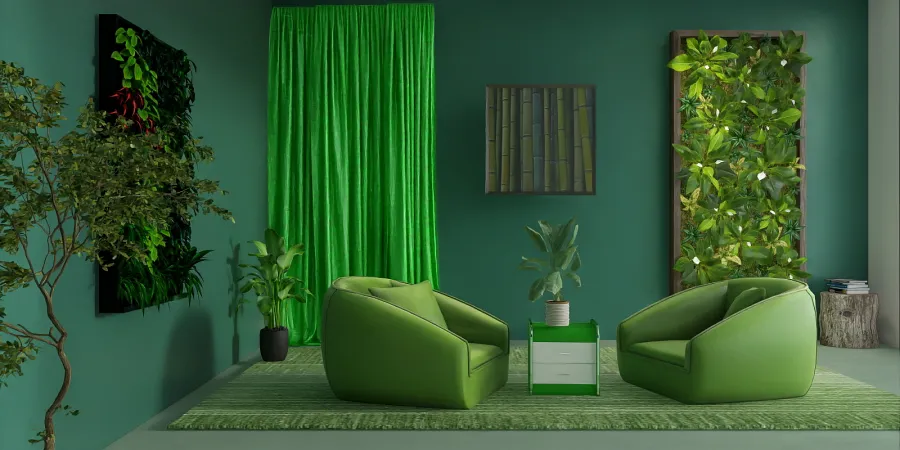 a living room with a green couch and a green chair 