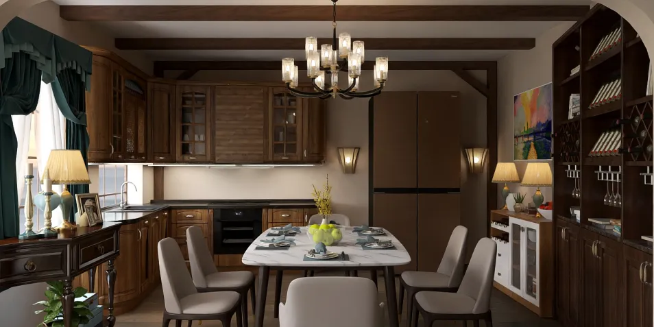 wooden dining room with elegant chandelier and modern appliances, featuring a warm rustic style, showcasing dining space optimization using Homestyler's real-time 3D rendering.