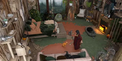 cozy living space featuring a nature-inspired design scene with a woman interacting with pets in a rustic environment, incorporating minimalist interior decor; highlighting Homestyler's real-time 3D rendering feature for quick design proposal visualization
