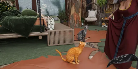 3D rendered cozy indoor space featuring cats lounging, showcasing a bohemian style with natural textures, emphasizing homestyler's real-time 3D rendering feature.