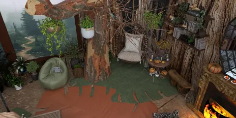 Cozy indoor space featuring a large decorative tree and nature-inspired decor, showcasing a rustic cabin style designed for homestyler, utilizing intelligent furniture arrangement to optimize small living areas.