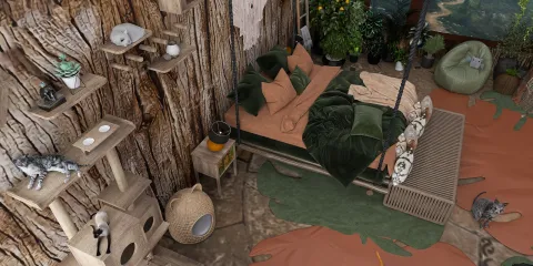 cozy bedroom featuring natural elements and a rustic design with green bedding and a botanical backdrop, optimizing space for relaxation using Homestyler's real-time 3D rendering functionality.