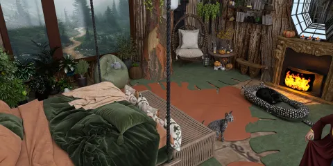 Cozy bedroom featuring a wooden theme with a green velvet bed and animal decor, designed using Homestyler's real-time 3D rendering for seamless interior decor visualization.