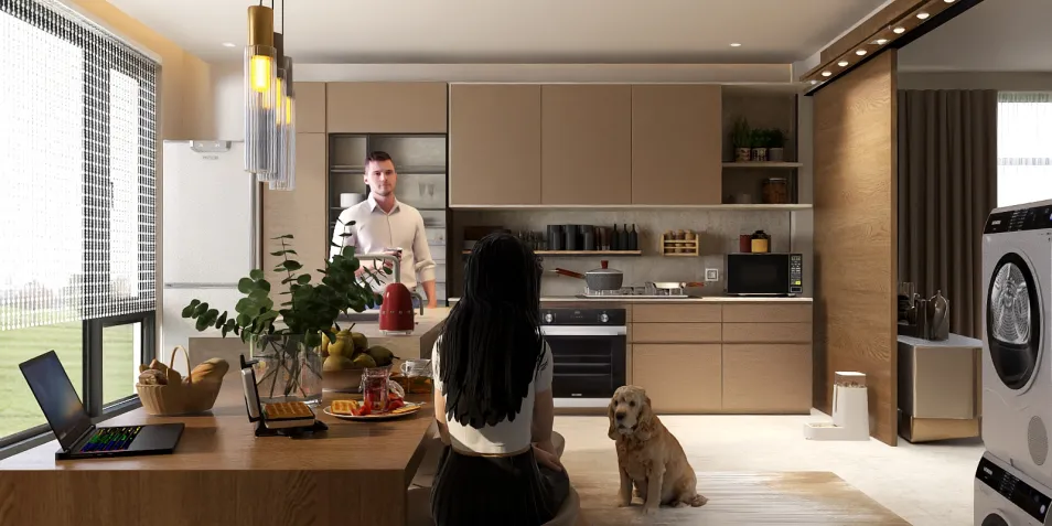 modern kitchen design with a man preparing food, featuring a minimalist style and open layout, showcasing interior design with Homestyler's real-time 3D rendering