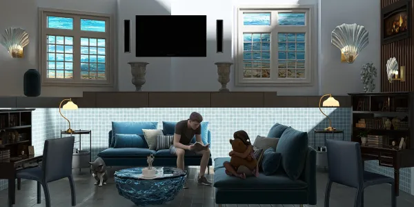 living room seating arrangement with a family reading together in a coastal style, showcasing smart furniture placement using Homestyler's real-time 3D rendering feature