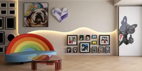 colorful rainbow sofa with contemporary art display on walls in a modern living room design, showcasing vibrant interior decor ideas using Homestyler's real-time 3D rendering feature.