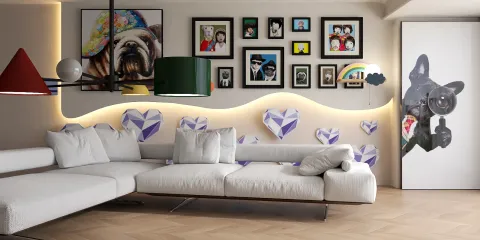 modern living room with a stylish sofa and vibrant wall art featuring framed photos and heart designs, showcasing interior design using Homestyler's real-time 3D rendering for a lively atmosphere