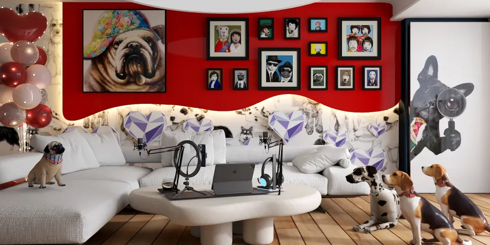 A modern living room featuring a cozy sofa with decorative pillows, designed in a playful style, showcasing pet-themed artwork on red accent walls. This interior design highlights Homestyler's real-time 3D rendering to preview the design effect.