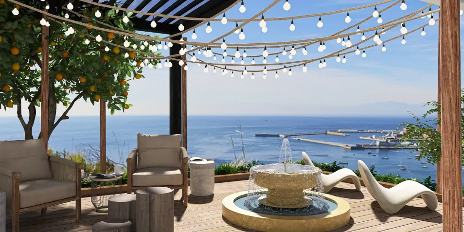 outdoor seating area with water fountain overlooking the sea, showcasing modern design elements and cozy atmosphere, featuring Homestyler's 3D rendering capabilities.