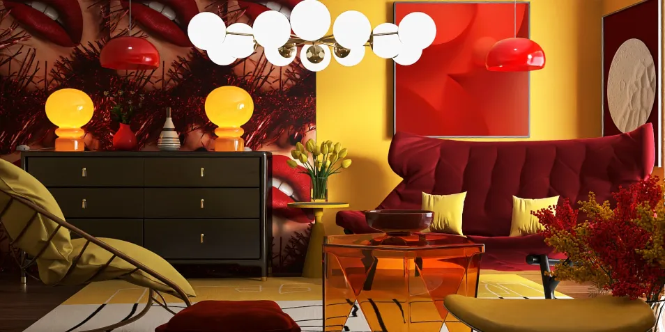 vibrant living room design featuring bold furniture arrangement and unique lighting fixtures in a contemporary style, showcasing an interior decor with Homestyler's real-time 3D rendering capability.