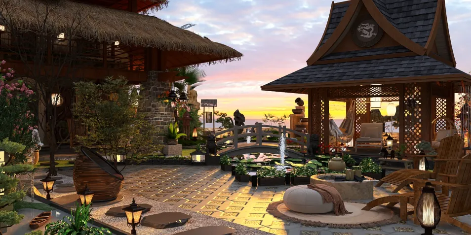 Beautiful outdoor garden with a traditional gazebo, showcasing a serene sunset ambiance, designed in a zen style, emphasizing relaxation and harmony; featuring Homestyler's 3D rendering capability to visualize landscaping.