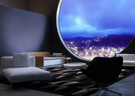 A modern bedroom with a city view Design Rendering
