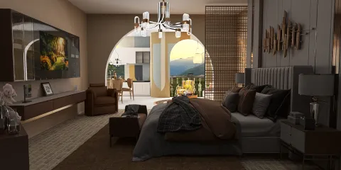 modern bedroom design showcasing a cozy atmosphere with a stylish chandelier, featuring Homestyler's real-time 3D rendering for accurate visualization.