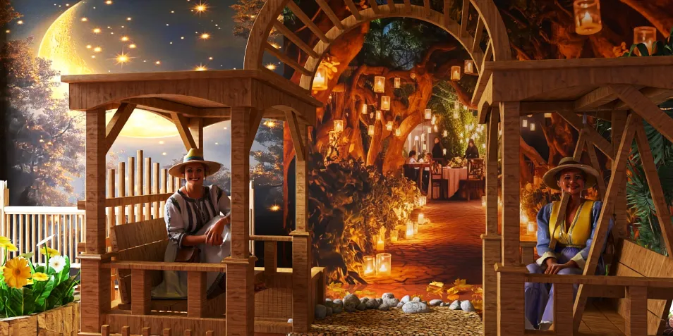 Decorative wooden gazebos featuring two people enjoying the cozy atmosphere, surrounded by ambient lighting and nature-inspired decor, showcasing an inviting outdoor space design with a vibrant, personalized touch. This scene highlights the use of Homestyler's real-time 3D rendering for design visualization.