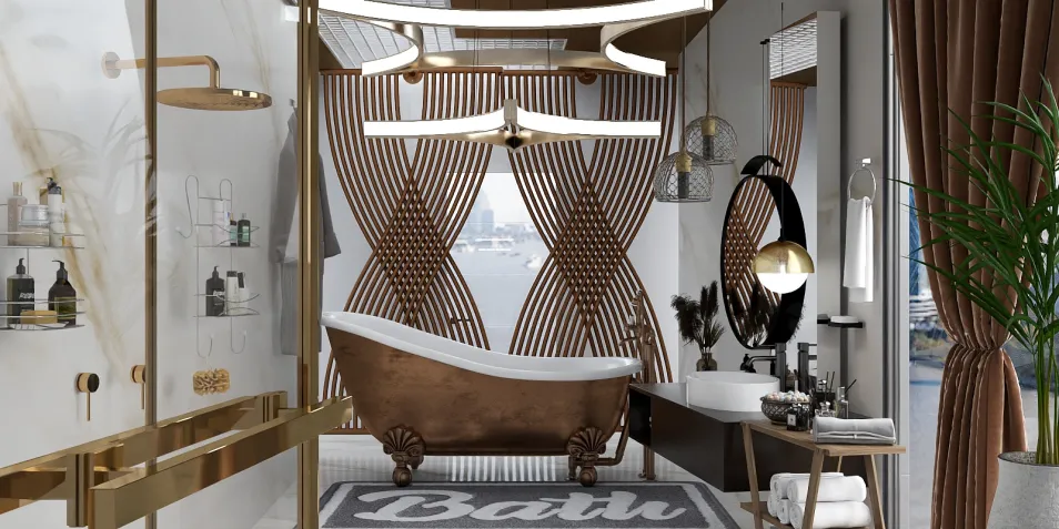 luxurious bathroom featuring a vintage bathtub with elegant gold accents and modern lighting, designed in an upscale contemporary style, showcasing renovation potential with Homestyler's real-time 3D rendering feature.